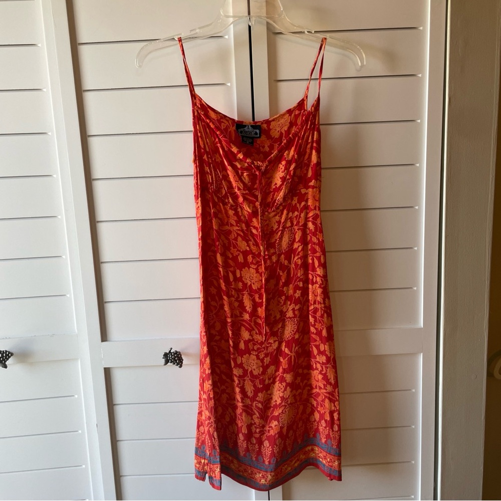 Angie Red and Orange Floral Dress Size Small Blue Border Hem Drawstring Neck